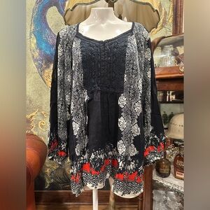 EUC VINTAGE AMERICA TUNIC  FIREFLY COLDSHOULDER LONG SLEEVE BLACK/RED